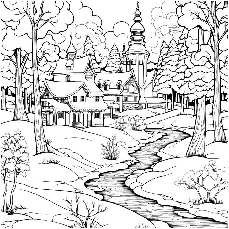 malvorlage-verschneite-szenerie-mit-fluss-und-winterdorf