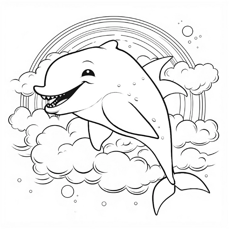 malvorlage-verspielter-delphin-mit-regenbogen-und-wolken