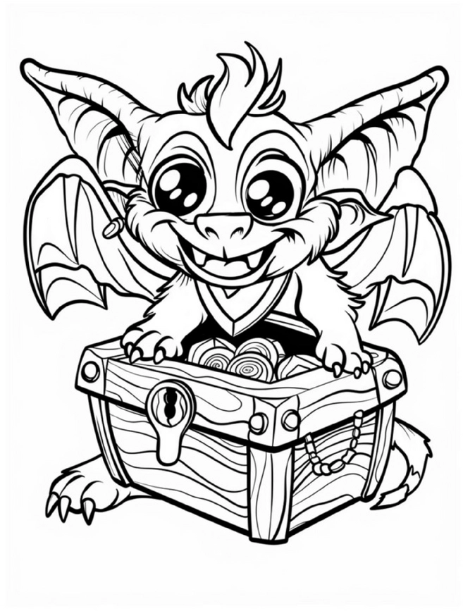 malvorlage-verspielter-drache-auf-schatzkiste