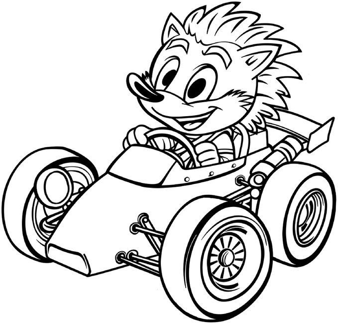 malvorlage-verspielter-igel-im-rennwagen