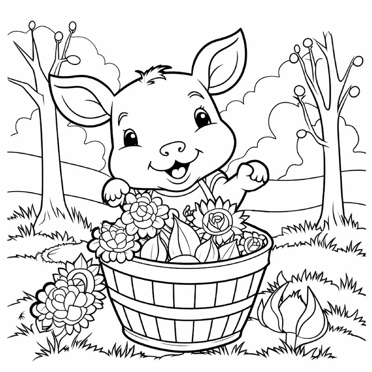 malvorlage-verspieltes-schweinchen-im-blumenkorb