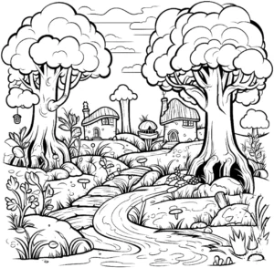 malvorlage-verzauberter-wald-mit-baeumen-und-haeusern