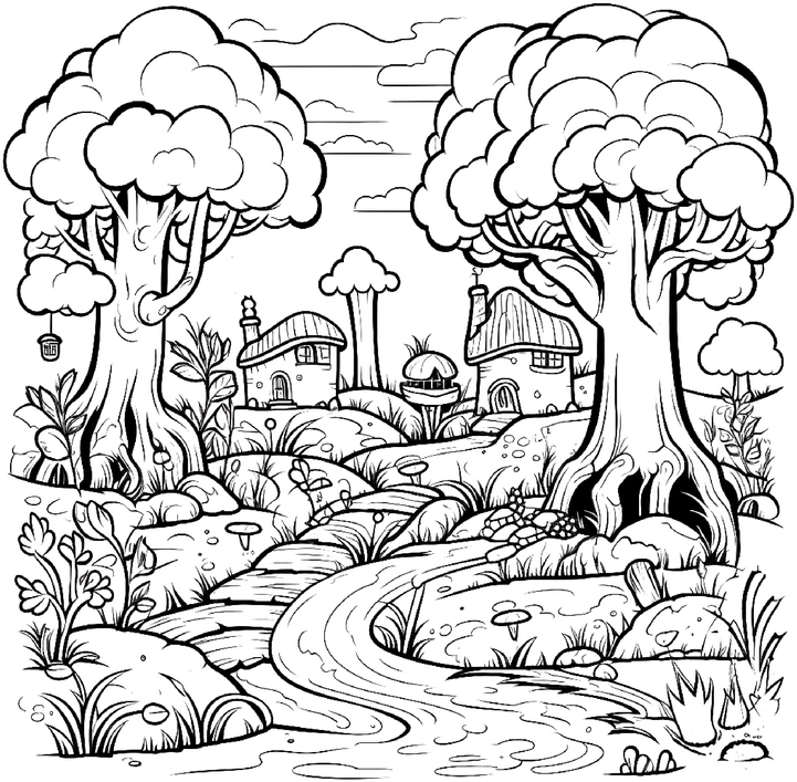 malvorlage-verzauberter-wald-mit-baeumen-und-haeusern