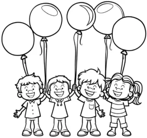 malvorlage-vier-kinder-mit-luftballons