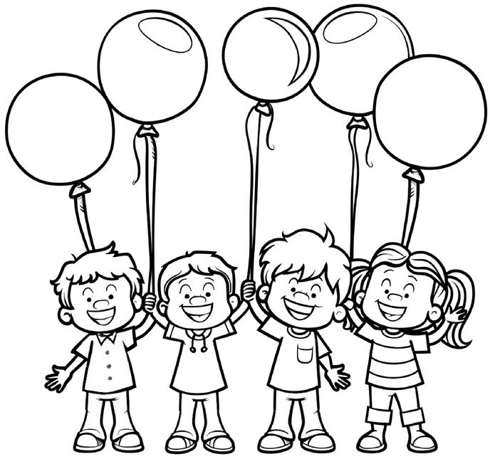 malvorlage-vier-kinder-mit-luftballons