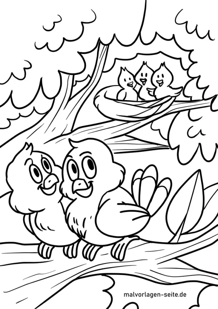 malvorlage-voegel-im-baum-mit-nest-und-kueken