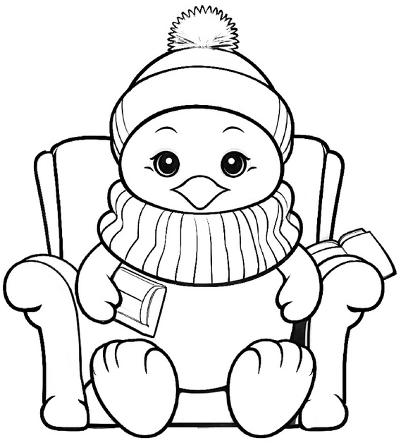 malvorlage-vogel-im-sessel-mit-wintermuetze-und-schal