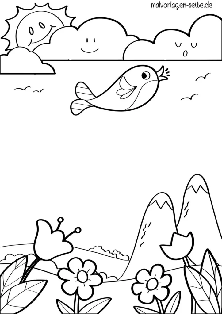 malvorlage-vogel-in-der-natur-mit-sonne-und-blumen