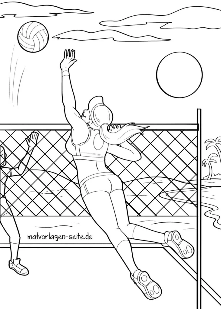 malvorlage-volleyballspiel-am-strand-mit-sportlerin-und-spieler