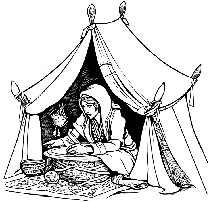 malvorlage-wahrsagerin-im-zelt-mit-symbolen