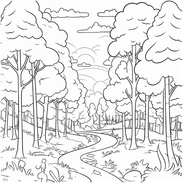 malvorlage-wald-mit-baeumen-und-bach