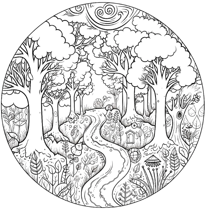 malvorlage-wald-mit-baeumen-und-naturdetails