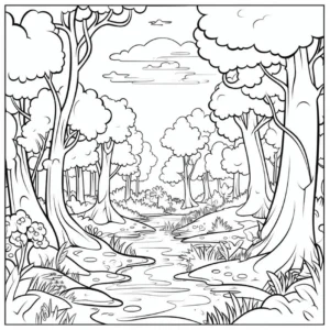 malvorlage-waldlandschaft-baeume-bach