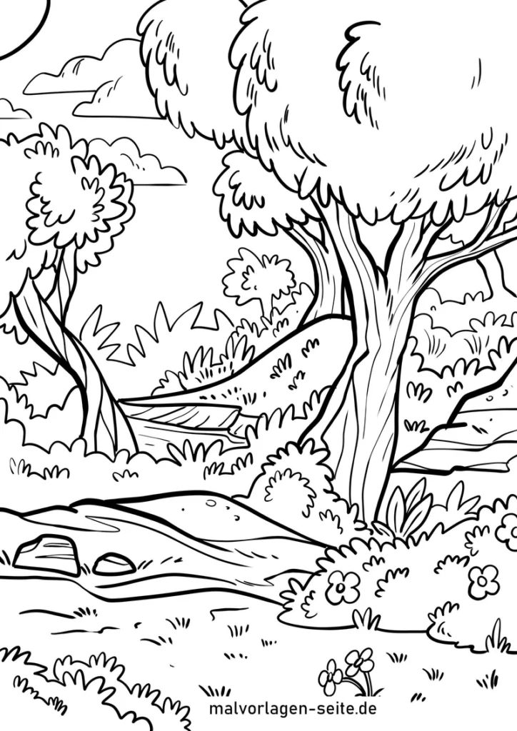 malvorlage-waldlandschaft-baeume-blumen