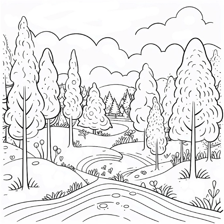 malvorlage-waldlandschaft-mit-baeumen-und-fluss