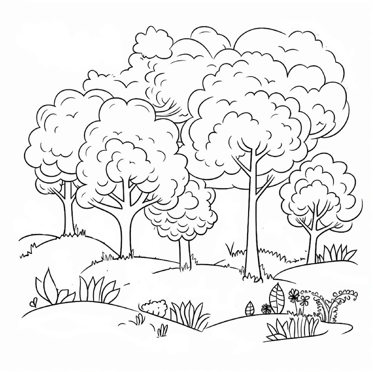 malvorlage-waldlandschaft-mit-baeumen-und-pflanzen