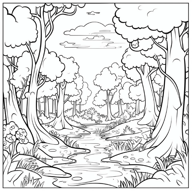 malvorlage-waldlandschaft-mit-fluss-und-baeumen