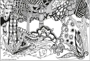 malvorlage-waldlandschaft-mit-pflanzen-und-blumen