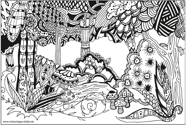 malvorlage-waldlandschaft-mit-pflanzen-und-blumen