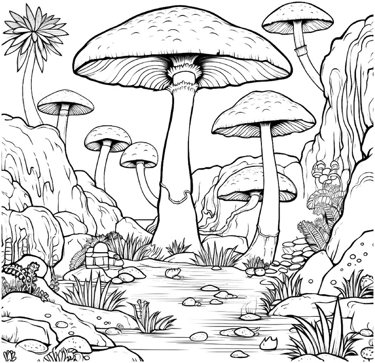 malvorlage-waldpilze-in-der-natur