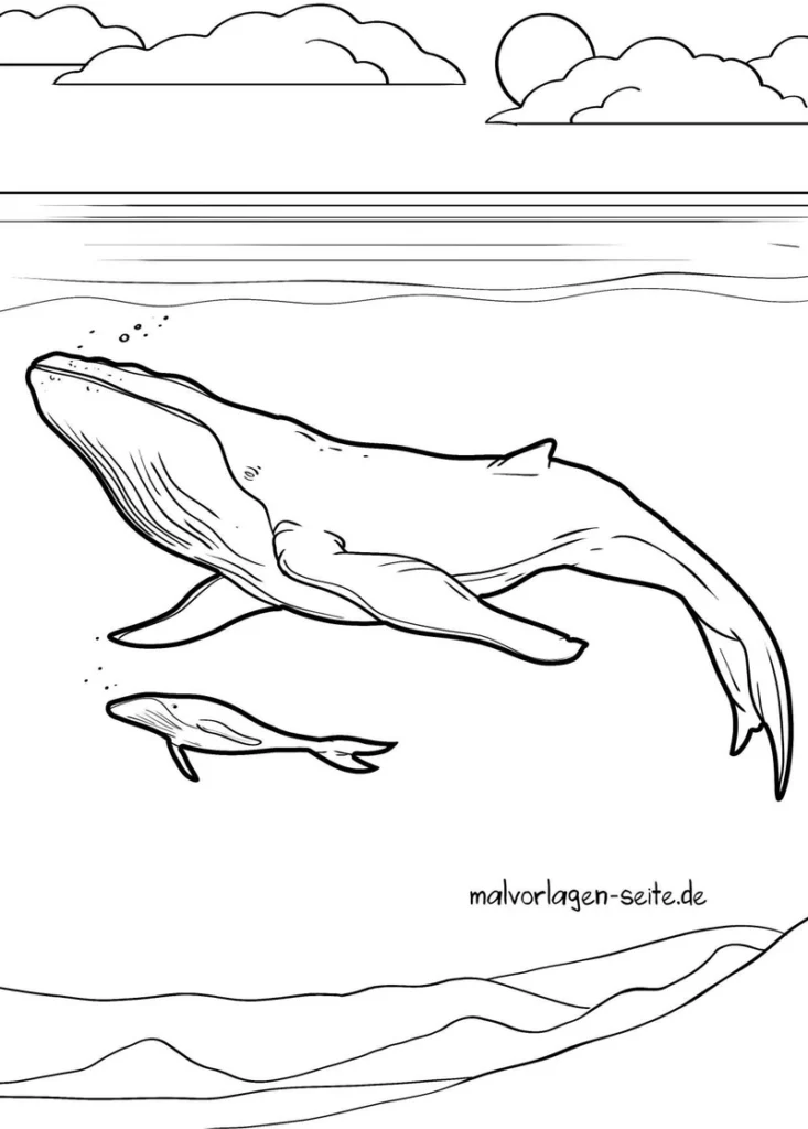 malvorlage-wale-im-ozean-und-jungtier