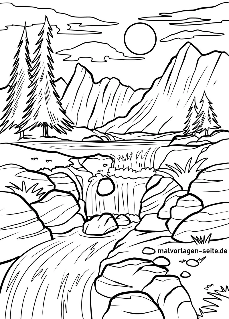 malvorlage-wasserfall-mit-bergen-und-nadelbaeumen