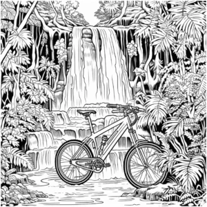 malvorlage-wasserfall-mit-mountainbike-in-der-natur