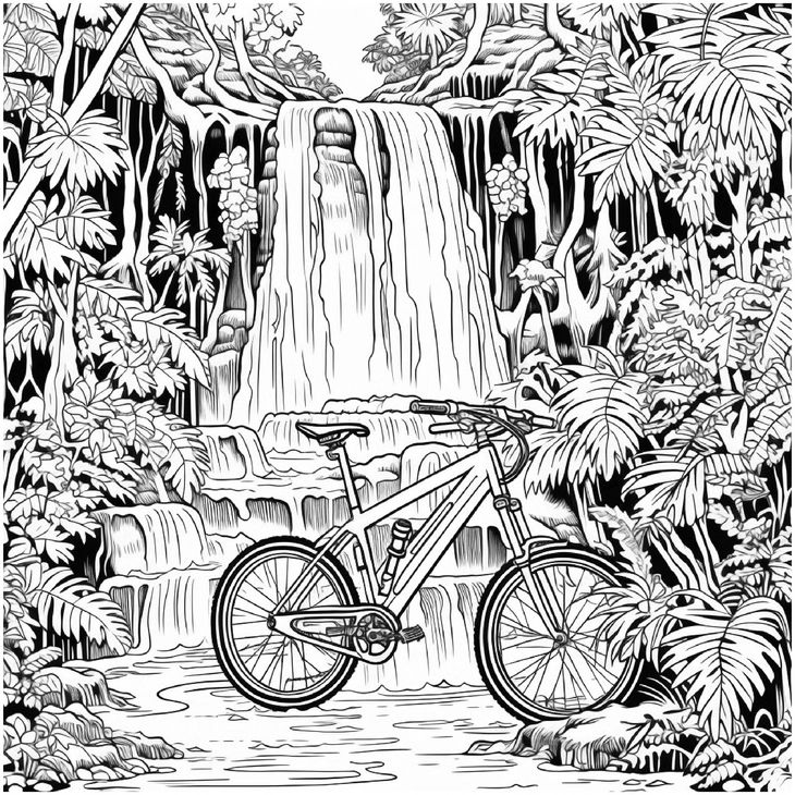 malvorlage-wasserfall-mit-mountainbike-in-der-natur