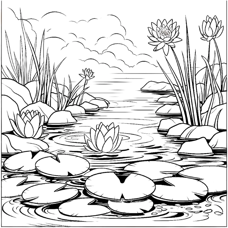malvorlage-wasserlilien-im-teich-ausmalbild