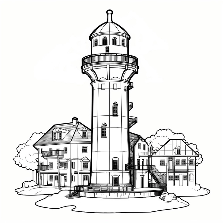 malvorlage-wasserturm-mit-gebaueden