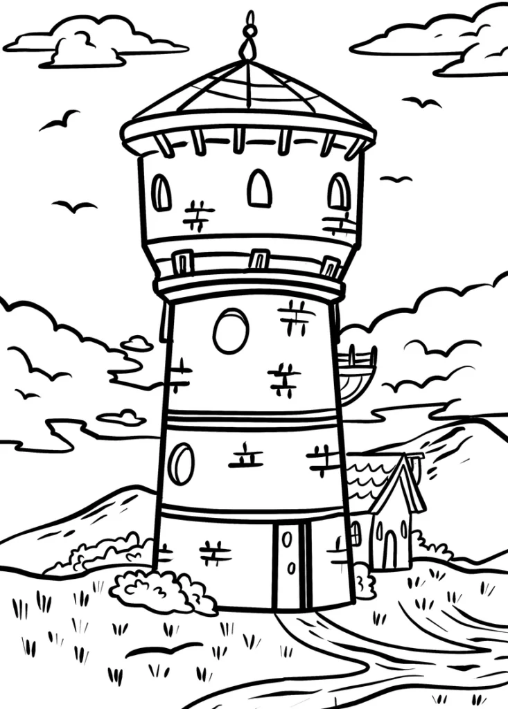 malvorlage-wasserturm-natur-architektur-fuer-kinder