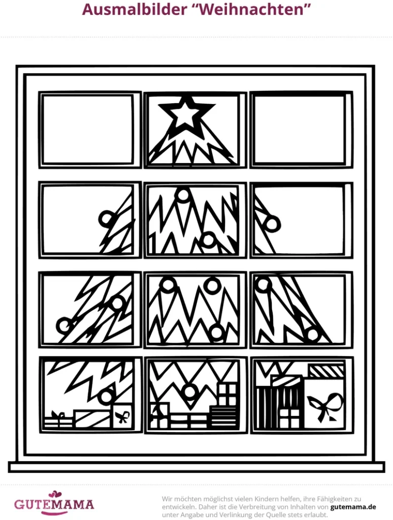 malvorlage-weihnachten-mit-tannenbaeumen-und-geschenken