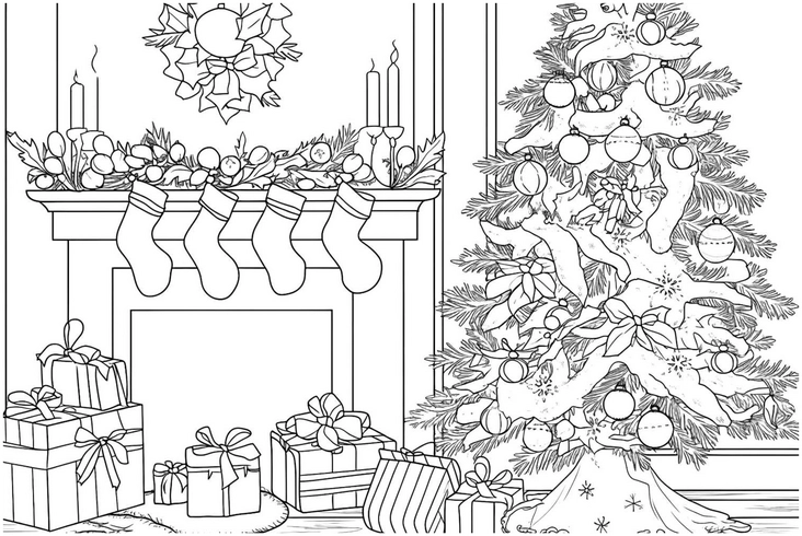 malvorlage-weihnachten-mit-weihnachtsbaum-und-kamin