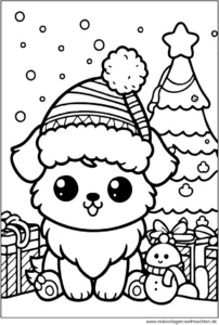 malvorlage-weihnachts-hund-mit-baum-und-geschenken