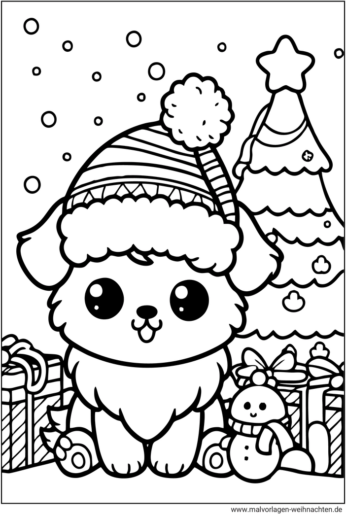 malvorlage-weihnachts-hund-mit-baum-und-geschenken