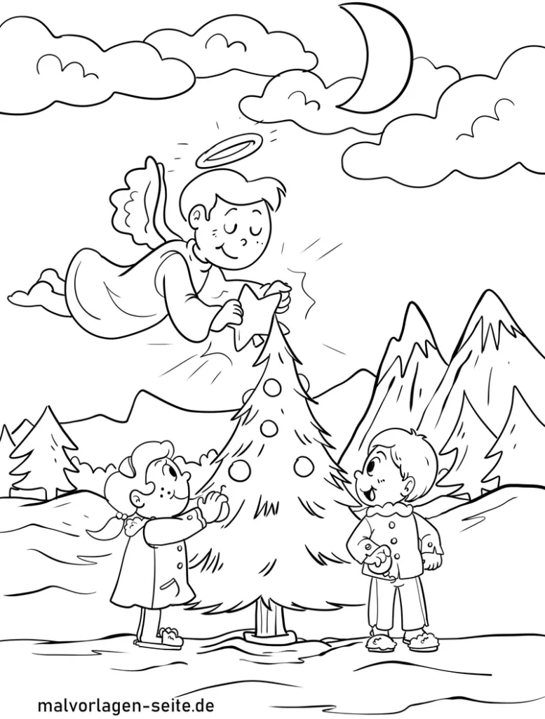 malvorlage-weihnachtsbaum-mit-engel-und-kindern
