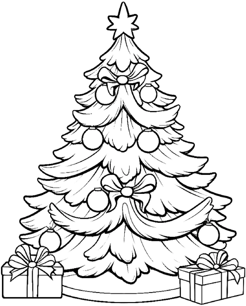 malvorlage-weihnachtsbaum-mit-geschenken-und-dekorationen