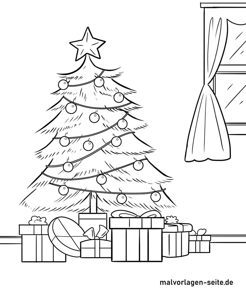 malvorlage-weihnachtsbaum-mit-geschenken-und-fenster