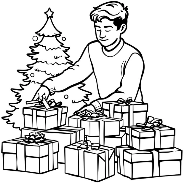 malvorlage-weihnachtsbaum-mit-geschenken-und-junge