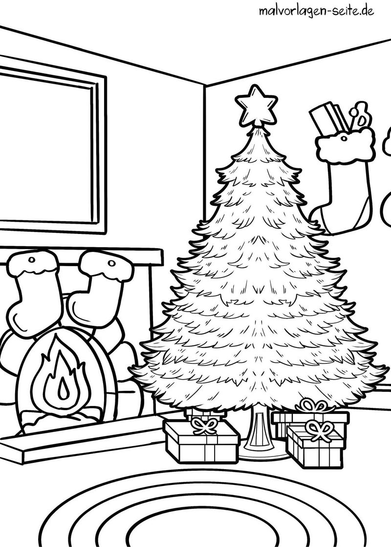 malvorlage-weihnachtsbaum-mit-geschenken-und-kamin