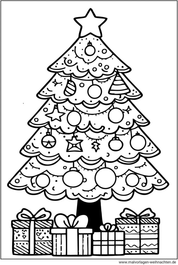 malvorlage-weihnachtsbaum-mit-geschenken-und-ornamenten