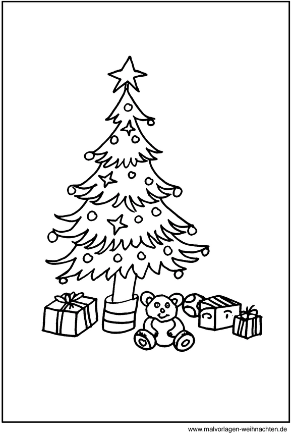 malvorlage-weihnachtsbaum-mit-geschenken-und-plueschbaeren