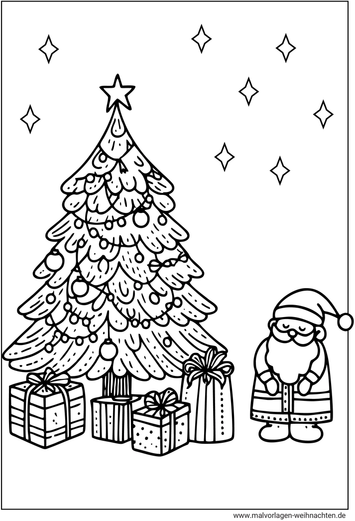 malvorlage-weihnachtsbaum-mit-weihnachtsmann-und-geschenken