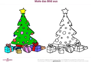 malvorlage-weihnachtsbaum-und-schneemann-mit-pinguin-und-geschenken