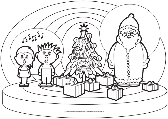 malvorlage-weihnachtsfreude-mit-kindern-und-weihnachtsmann