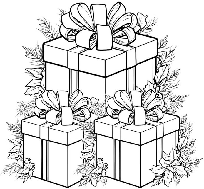 malvorlage-weihnachtsgeschenke-mit-schleifen-und-laub