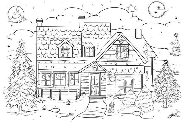malvorlage-weihnachtshaus-in-winterlandschaft