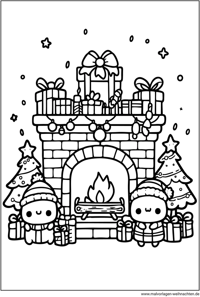 malvorlage-weihnachtskamin-mit-geschenken-und-tannenbaeumen