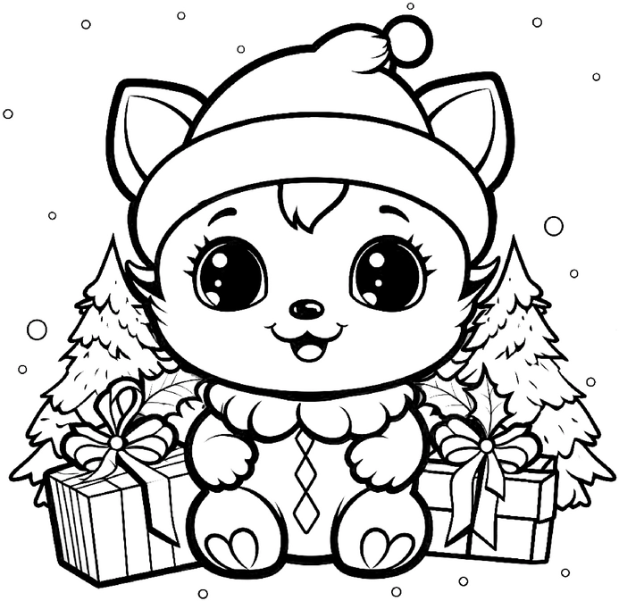 malvorlage-weihnachtskatze-geschenke-tannenbaeume
