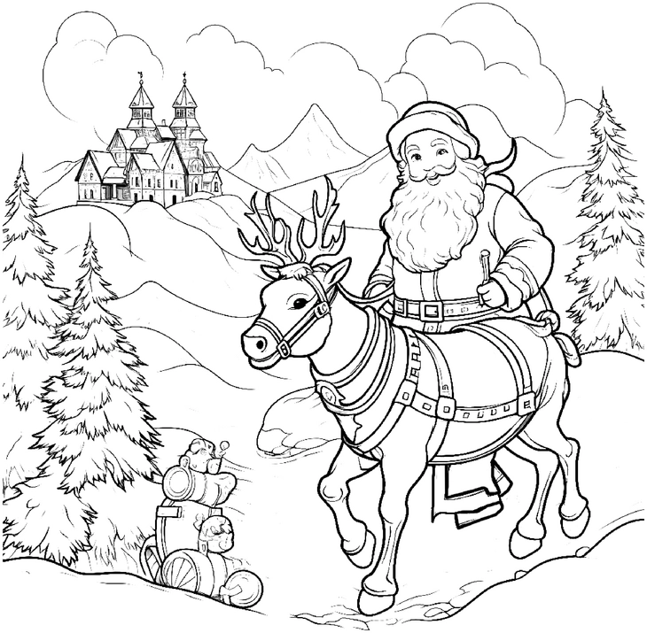 malvorlage-weihnachtsmann-auf-rentier-in-winterlandschaft
